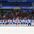 GANGNEUNG, SOUTH KOREA - FEBRUARY 24: Canadian players salute the crowd at Gangneung Hockey Centre after receiving their bronze medals following a 6-4 bronze medal game win against the Czech Republic at the PyeongChang 2018 Olympic Winter Games. (Photo by Andre Ringuette/HHOF-IIHF Images)

